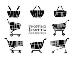 impostato di vario semplice nero silhouette icone di shopping cesti e shopping carrelli. isolato su bianca sfondo. vettore