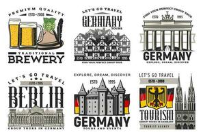 Berlino città tournée, birra e punto di riferimento icone vettore