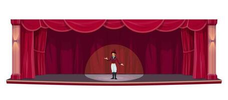 Teatro palcoscenico rosso drappeggio tende, attore mostrare vettore