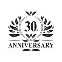 Celebrazione del 30 ° anniversario, design lussuoso del logo dell'anniversario di 30 anni. vettore