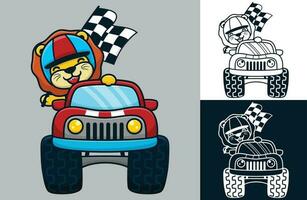 un' Leone indossare casco su mostro camion. vettore cartone animato illustrazione nel piatto icona stile