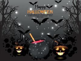 sfondo horror per halloween felice con zucca incandescente, pentola magica e pipistrelli volanti vettore