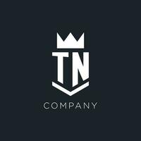 tn logo con scudo e corona, iniziale monogramma logo design vettore