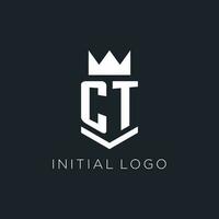 ct logo con scudo e corona, iniziale monogramma logo design vettore