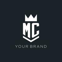 mc logo con scudo e corona, iniziale monogramma logo design vettore