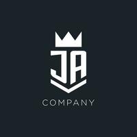 ja logo con scudo e corona, iniziale monogramma logo design vettore