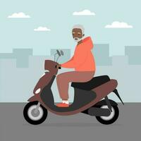 anziano uomo in viaggio su moderno il motore scooter. vecchio uomo equitazione elettrico scooter nel il città vettore