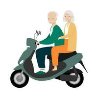 anziano uomo e donna in viaggio su moderno il motore scooter. vecchio uomo e donna equitazione elettrico scooter vettore