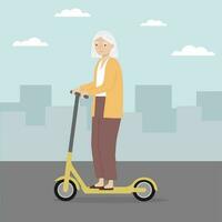 anziano donna equitazione calcio scooter. vecchio donna equitazione elettrico scooter nel il città vettore
