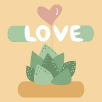 carino succulento con cuore su bastone e amore lettering frase. vettore illustrazione. mano disegnato nazionale giardinaggio giorno concetto. Perfetto per saluto carte, impianti fan e dilettanti. vettore illustrazione.