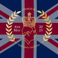 Dio Salva il re - il giro d'oro emblema su UK bandiera bachground. elegante minimalista manifesto per incoronazione di del re charles iii incoronazione a 6 ° Maggio 2023. nuovo Britannico monarca. vettore illustrazione.