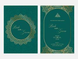 doppio lato di islamico nozze invito carta con Arabo modello nel verde e d'oro colore. vettore