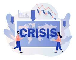 globale finanziario crisi concetto. minuscolo uomini d'affari facce coronavirus pandemia o covid-19 urto su globale economia e azione mercati. economico flessione. moderno piatto cartone animato stile. vettore illustrazione