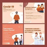 covid-19 omicron variante sociale media messaggi per sintomi, Precauzioni, ottenere vaccinati e medico consiglio. vettore