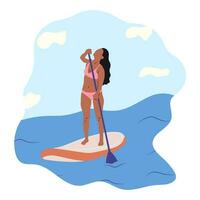 acqua gli sport. giovane donna in piedi su cenare tavola isolato. surfers e altri durante windsurf, kitesurf. piatto grafico vettore illustrazioni