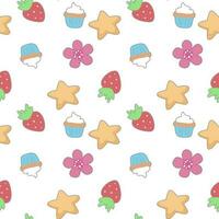 senza soluzione di continuità modello con stelle, fiori, fragola, carino cupcakes e nel il scarabocchio kawaii vettore