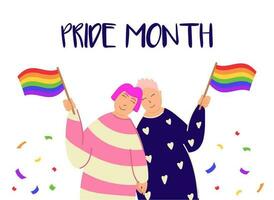 vettore orgoglio mese manifesto con Due sorridente donne Tenere lgbt bandiere. orgoglio mese manifesto con Due lesbiche.