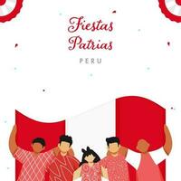 feste patrias Perù manifesto design con senza volto persone Tenere peruviano bandiera su bianca sfondo. vettore