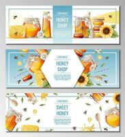 impostato di bandiera modelli con miele prodotti. miele negozio.illustrazione di un' vaso di Miele, favi, api, fiori. design per etichetta, volantino, manifesto, pubblicità. vettore