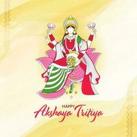 indù Festival akshaya tritiya auguri con illustrazione di ricchezza dea laxmi, Kalash con pieno di oro monete. vettore
