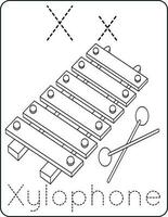 lettera xx maiuscolo e minuscolo, carino bambini colorazione un' xilofono, abc alfabeto tracciato pratica foglio di lavoro di un' xilofono per bambini apprendimento inglese vocabolario, e grafia vettore illustrazione