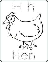 lettera hh maiuscolo e minuscolo, carino bambini colorazione un' gallina, abc alfabeto tracciato pratica foglio di lavoro di un' gallina per bambini apprendimento inglese vocabolario, e grafia vettore illustrazione