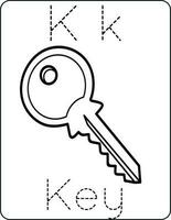 lettera kk maiuscolo e minuscolo, carino bambini colorazione un' chiave, abc alfabeto tracciato pratica foglio di lavoro di un' chiave per bambini apprendimento inglese vocabolario, e grafia vettore illustrazione