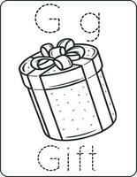 lettera gg, maiuscolo e minuscolo, carino bambini colorazione un' regalo, abc alfabeto tracciato pratica foglio di lavoro di un' regalo per bambini apprendimento inglese vocabolario, e grafia vettore illustrazione