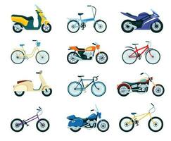 moto e Bici, bicicletta, moto, consegna scooter. vario motociclo veicolo Modelli, moto sportiva, elicottero, strada bicicletta piatto vettore impostato