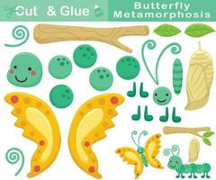 farfalla metamorfosi cartone animato. formazione scolastica carta gioco per bambini. ritagliare e incollaggio. vettore cartone animato illustrazione