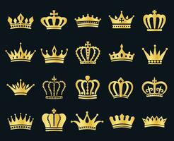 reale oro re corone icona silhouette, araldico corona elementi. Vintage ▾ reali simbolo, d'oro Regina diadema, Principessa tiara vettore icona impostato