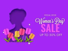 Da donna giorno vendita manifesto design con sconto offerta, carta tagliare fiori e femmina viso su viola sfondo. vettore