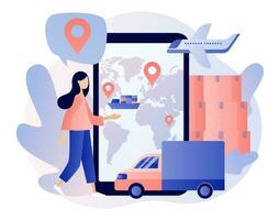 globale la logistica Rete. esportare, importare, magazzino attività commerciale, trasporto. attività commerciale la logistica. minuscolo donna brani ordini nel smartphone app. puntuale consegna. moderno piatto cartone animato stile. vettore