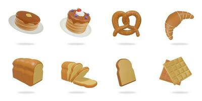 3d resa. pane icona impostato su un' bianca sfondo.pancake, fragola, pretzel, brioche, hokkaido pane, pane fetta, cialda vettore