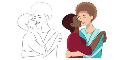 lesbica coppia piatto design illustrazione. ritratto di Due bellissimo ragazze nel un intimo astrazione. interacial donne con romantico stesso sesso compagno siamo flirtare, abbracciare, baciare. LGBTQ amore vettore