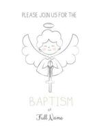 un' carino angelo ragazzo detiene un' attraversare invito carta per battesimo giorno battezzato e benedetto semplice scarabocchio vettore illustrazione