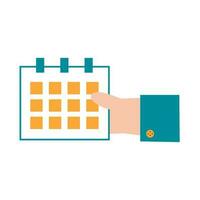 mano detiene calendario. ufficio lavoratore con pianificatore. tempo gestione e organizzatore concetto. businecc icona vettore piatto illustrazione.