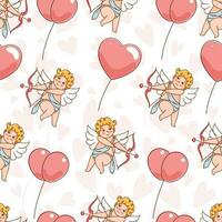 senza ripetizioni cartone animato Cupido con palloncini su bianca cuore modello sfondo. vettore