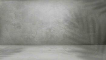 grigio cemento parete struttura sfondo con Noce di cocco palma le foglie ombra sovrapposizione,3d vuoto studio interno sfondo, vettore grigio cemento parete con leggero su calcestruzzo piano, esposizione Prodotto presentazione