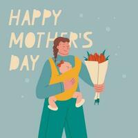 testo contento madri giorno. giovane madre con un' bambino nel un' fionda. carino donna con un' mazzo di fiori nel sua mani. cartolina per La madre di giorno. vettore illustrazione per design.