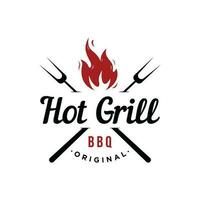 bbq caldo griglia Vintage ▾ tipografia logo design con attraversato fiamme e spatola. logo per ristorante, distintivo, caffè e sbarra. vettore
