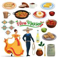 messicano cibo, ornamenti e carnevale costumi vettore