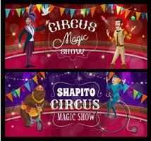 shapito circo palcoscenico, acrobata, giocoliere e orso vettore