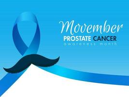 prostata cancro nastro con baffi su blu e bianca sfondo per movember, consapevolezza mese concetto. vettore