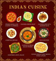 indiano cucina vettore menù, cibo pasti di India