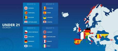 Europa carta geografica con evidenziato sotto 21 europeo calcio torneo 2023 partecipanti Paesi. bandiera collezione smistato di gruppo. vettore