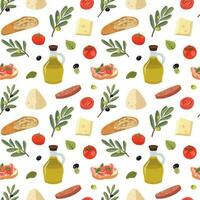 estate italiano cibo senza soluzione di continuità modello. cartone animato illustrazione con olive, formaggio, carne, pane, e pomodori. isolato su bianca sfondo. vettore