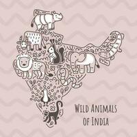 animali di India su carta geografica. scarabocchio stile illustrazione. schema schizzo. vettore