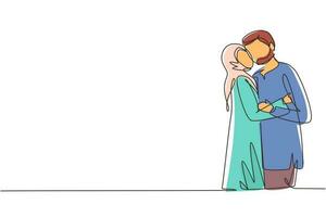 una linea continua disegna un ragazzo arabo e una ragazza innamorata e baciata. amanti delle giovani coppie che si baciano. uomo e donna felici che celebrano l'anniversario di matrimonio. illustrazione grafica vettoriale di disegno a linea singola