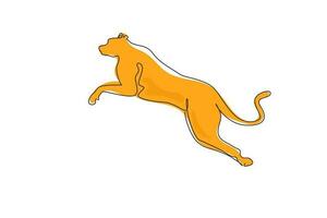 un'unica linea continua che disegna un forte ghepardo sta saltando per l'identità del logo aziendale. concetto di mascotte animale gatto selvatico per lo zoo safari nazionale. illustrazione vettoriale di disegno grafico dinamico di una linea